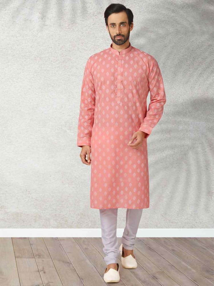 Pink Hand Loomed In Rich Yarns Of Cotton Printed Festival Wedding Kurta