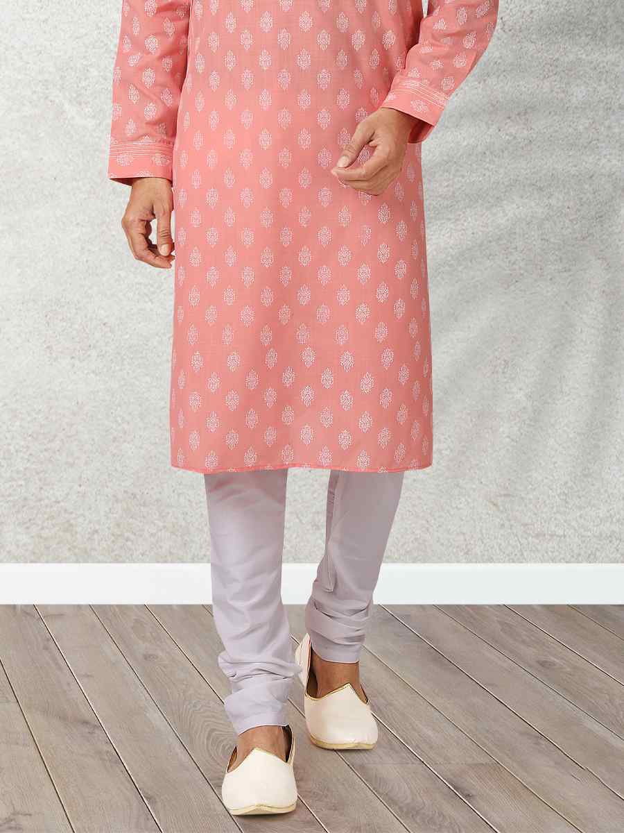 Pink Hand Loomed In Rich Yarns Of Cotton Printed Festival Wedding Kurta