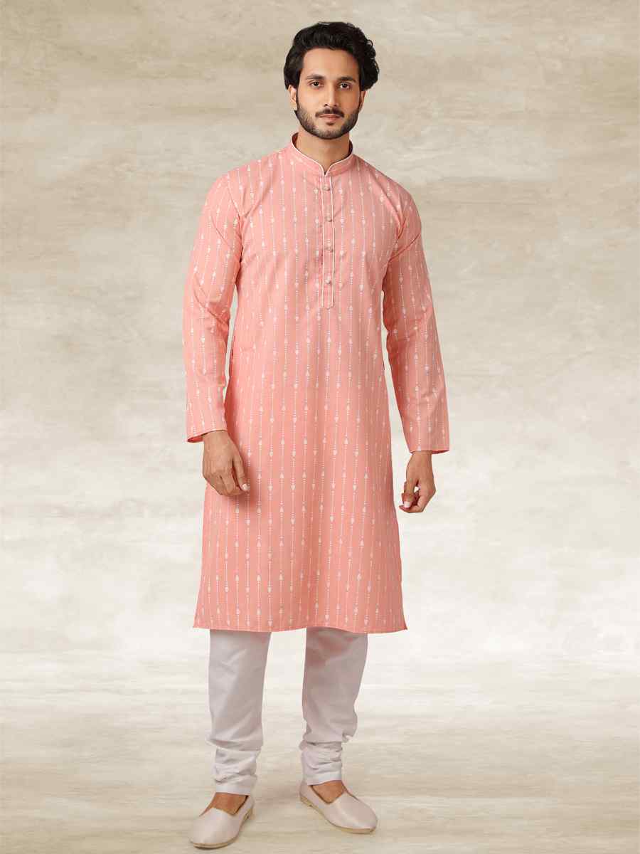 Pink Hand Loomed In Rich Yarns Of Cotton Printed Party Wedding Kurta