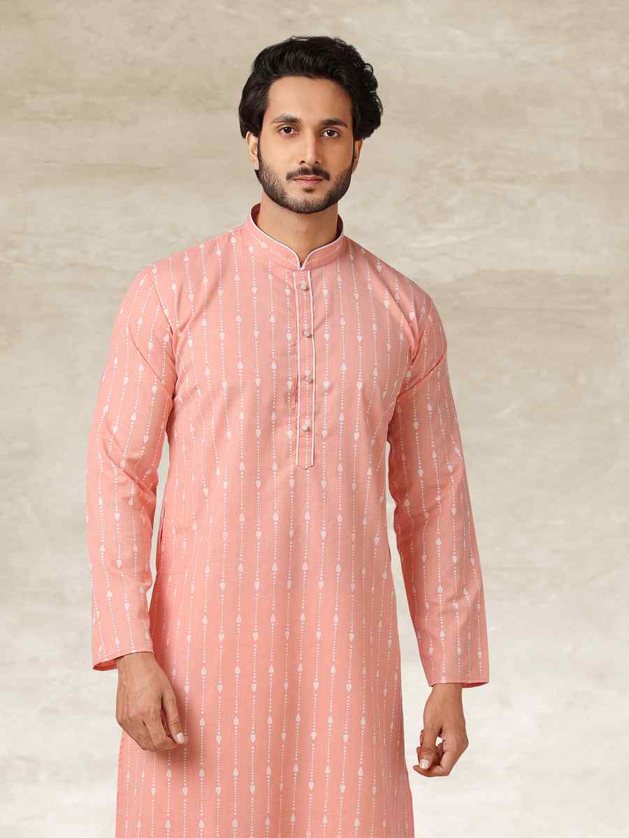 Pink Hand Loomed In Rich Yarns Of Cotton Printed Party Wedding Kurta