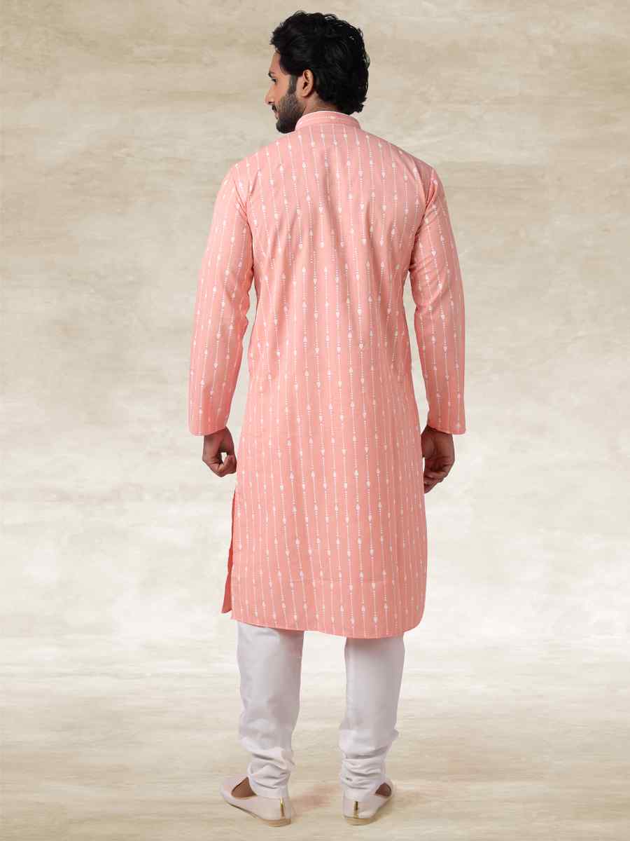 Pink Hand Loomed In Rich Yarns Of Cotton Printed Party Wedding Kurta