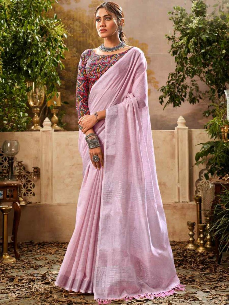 Pink Handloom Khadi Linen Printed Casual Festival Classic Style Saree