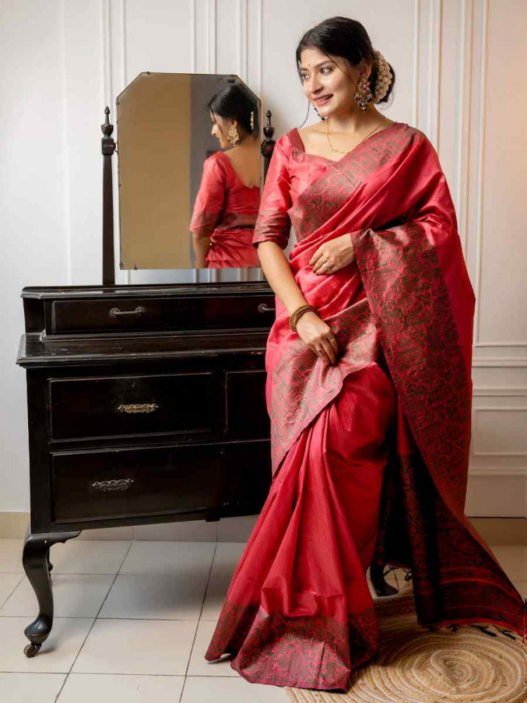 Image of Pink Handloom Raw Silk Handwoven Casual Reception Festival Wedding Fancy Classic Style Sarees