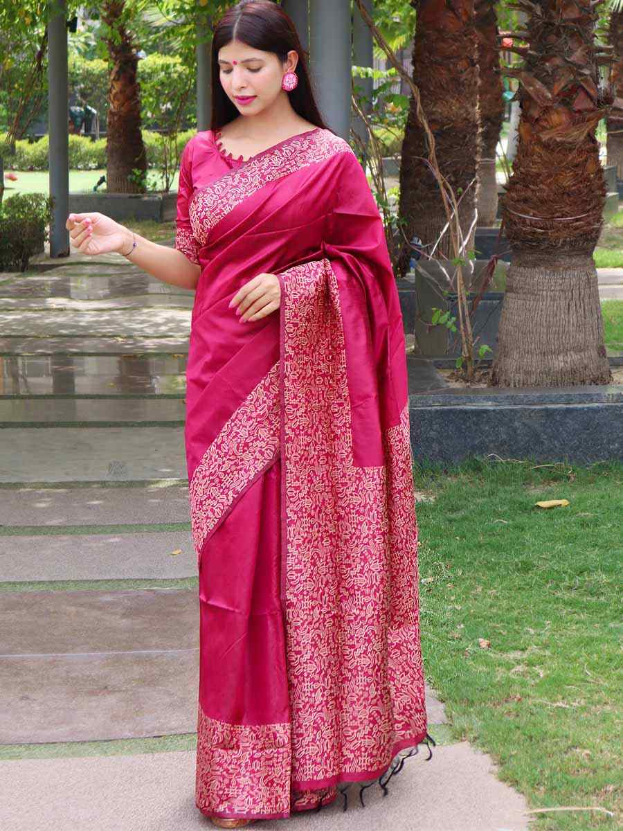 Pink Handloom Raw Silk Handwoven Wedding Festival Heavy Border Saree