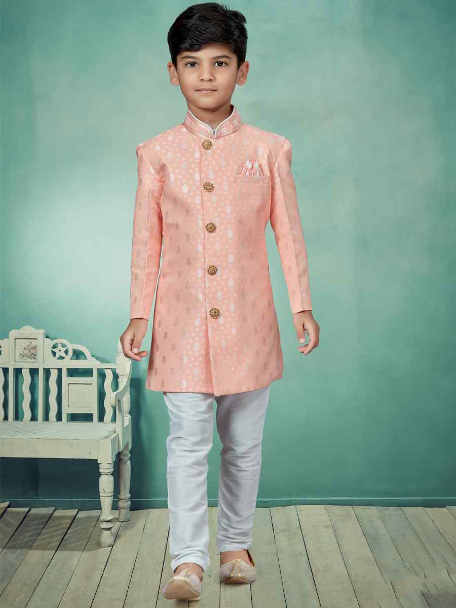 Pink Heavy Banarasi Jacquard Embroidered Party Festival Kurta Pyjama Boys Wear