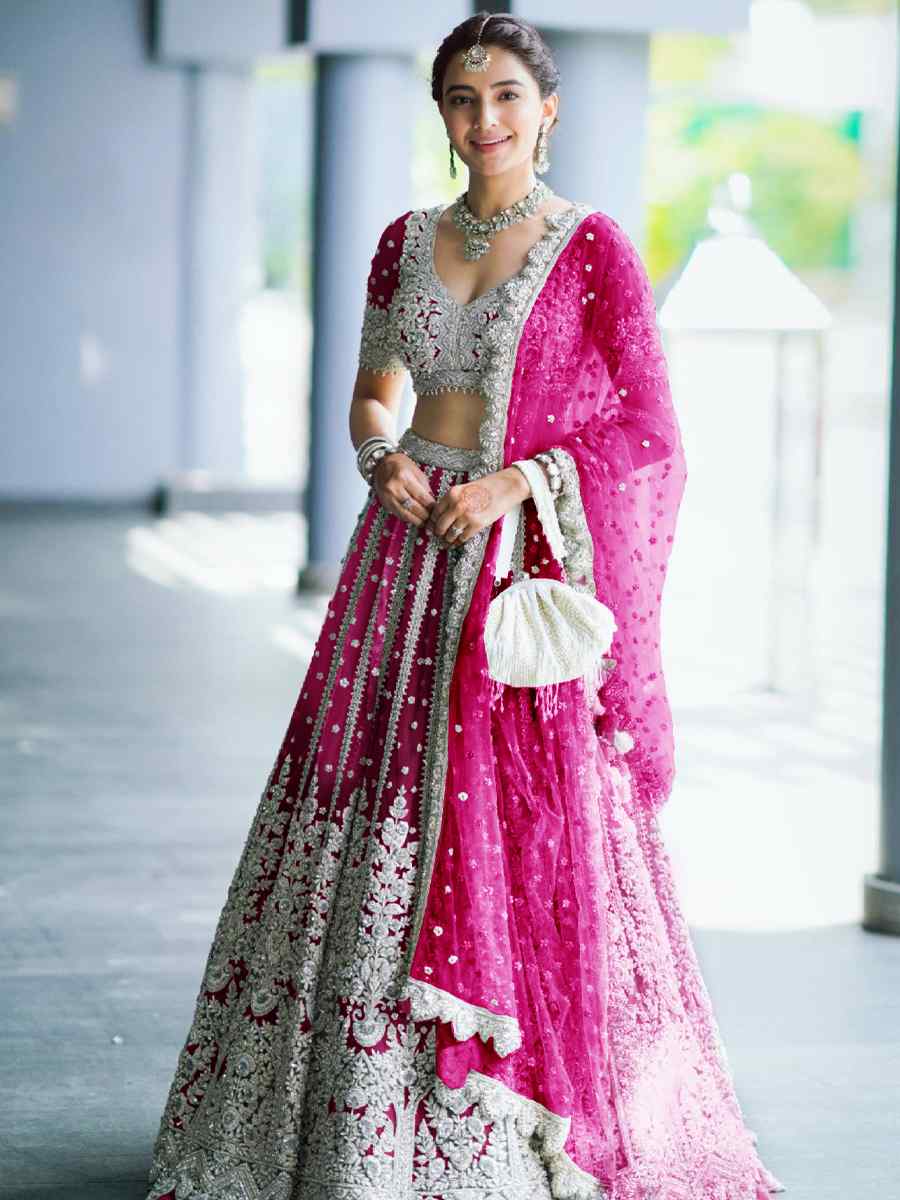 Pink Heavy Butterfly net Embroidered Bridal Wedding Heavy Border Lehenga Choli