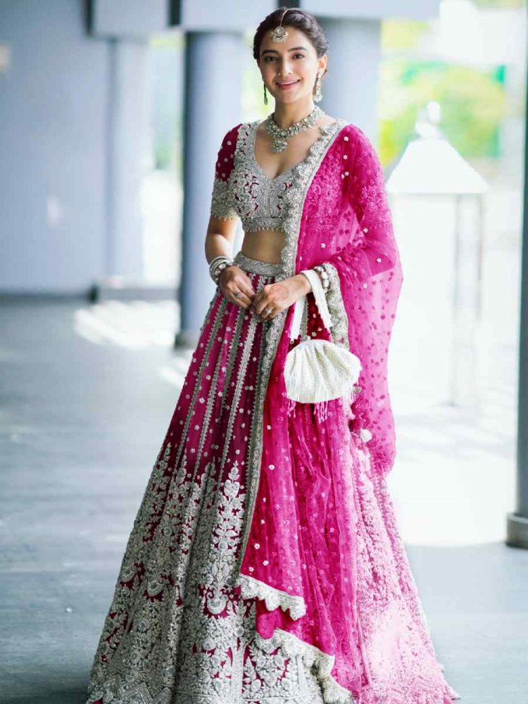 Pink Heavy Butterfly net Embroidered Bridal Wedding Heavy Border Lehenga Choli