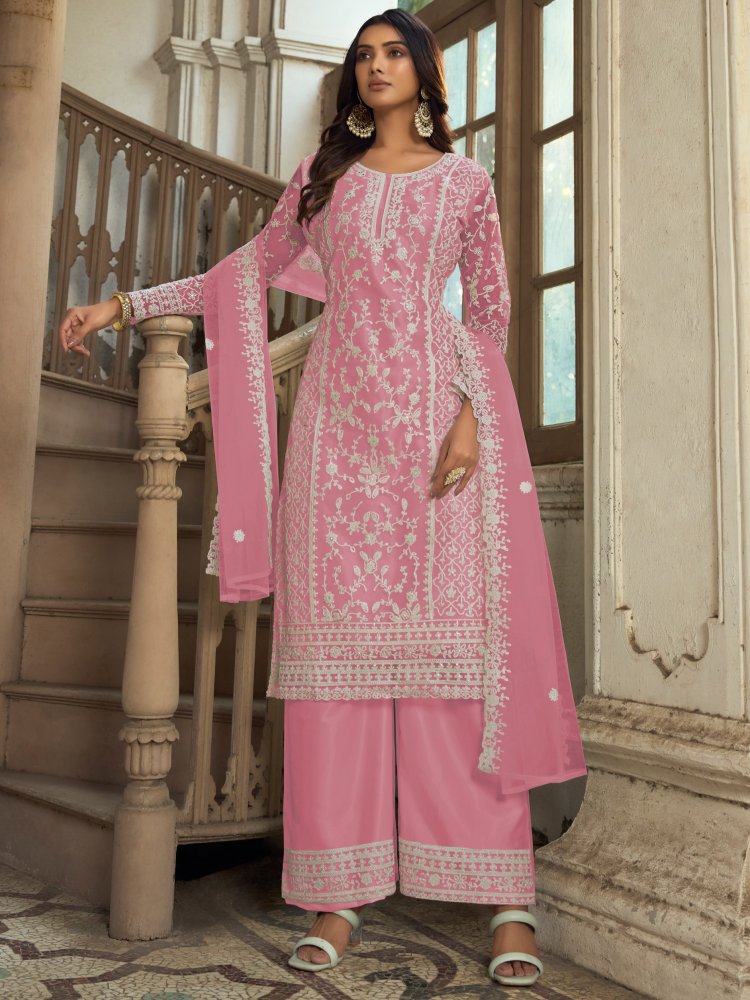 Pink Heavy Butterfly Net Embroidered Festival Party Engagement Pant Salwar Kameez