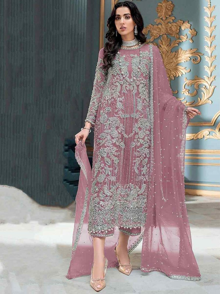 Pink Heavy Butterfly Net Embroidered Festival Party Pant Salwar Kameez