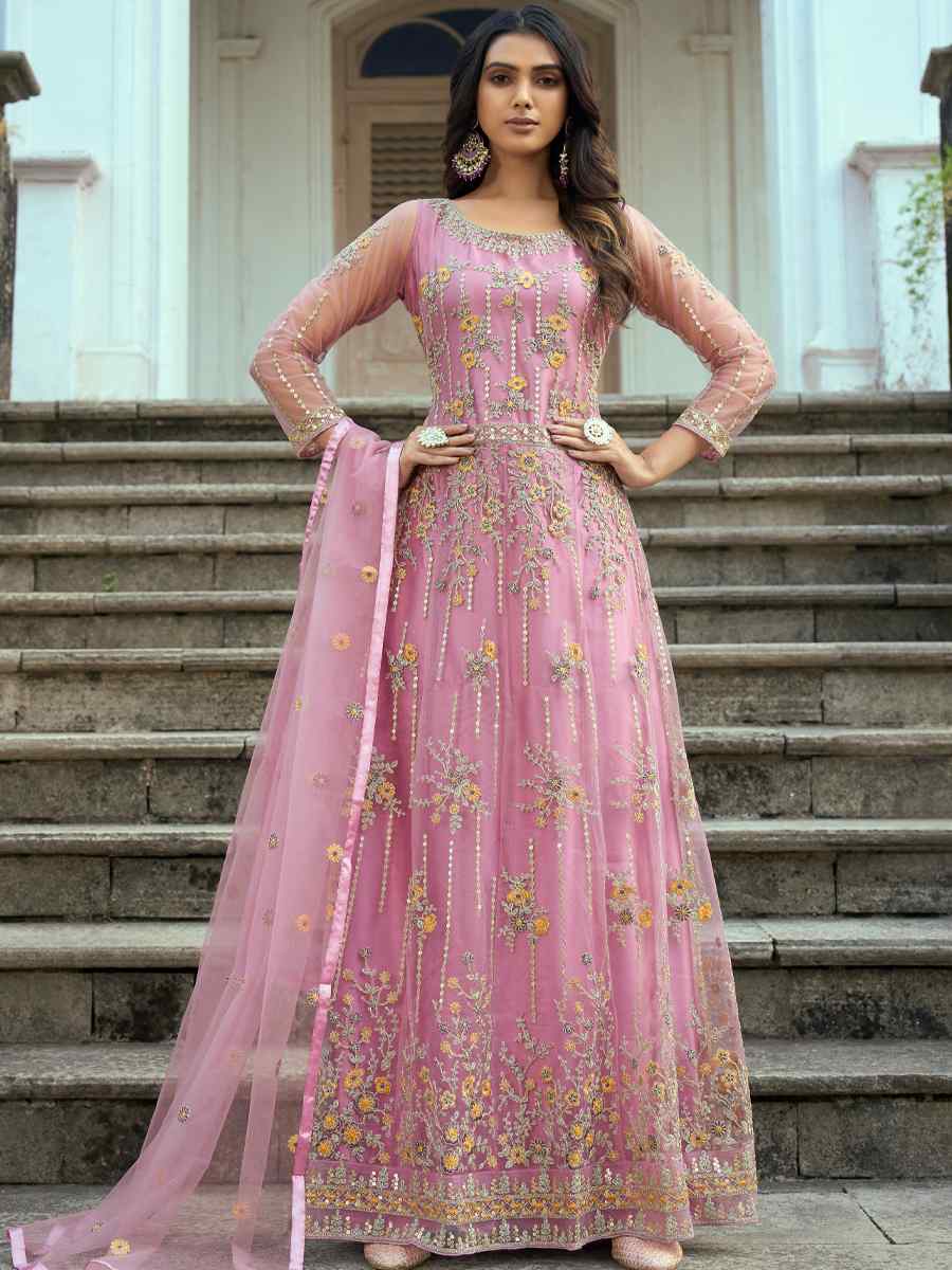 Pink Heavy Butterfly Net Embroidered Festival Wedding Anarkali Salwar Kameez