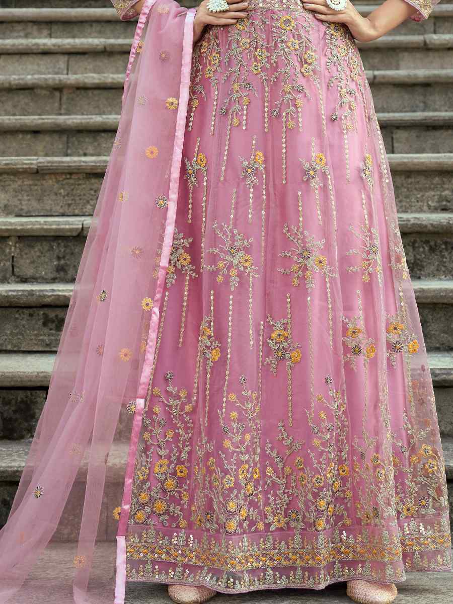 Pink Heavy Butterfly Net Embroidered Festival Wedding Anarkali Salwar Kameez