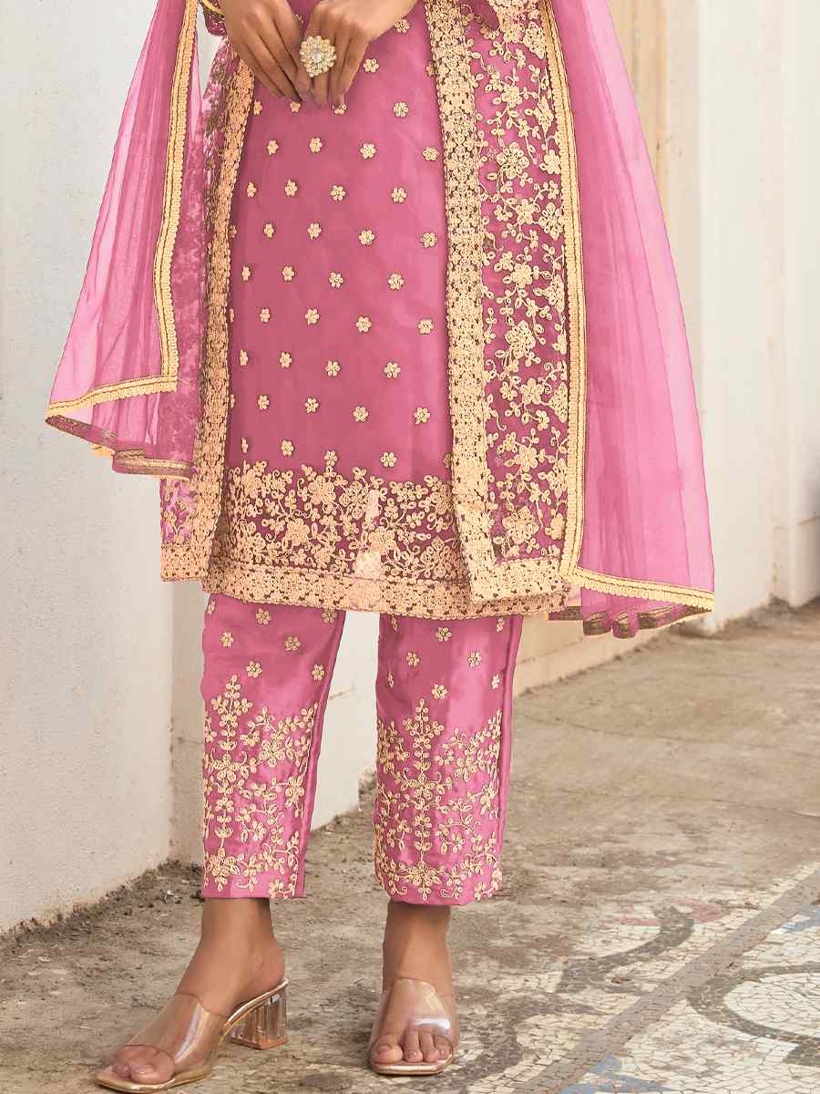 Pink Heavy Butterfly Net Embroidered Festival Wedding Pant Salwar Kameez