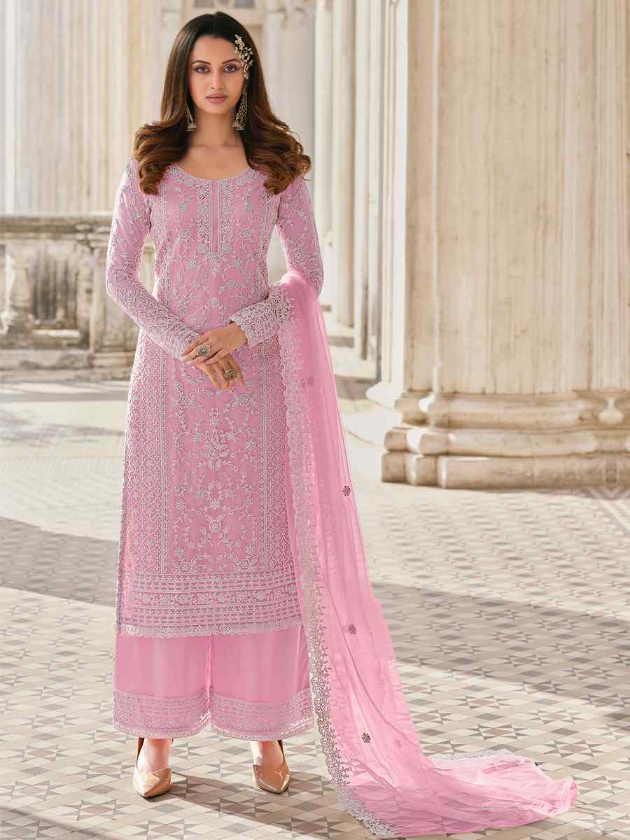 Pink Heavy Butterfly Net Embroidered Party Palazzo Pant Salwar Kameez