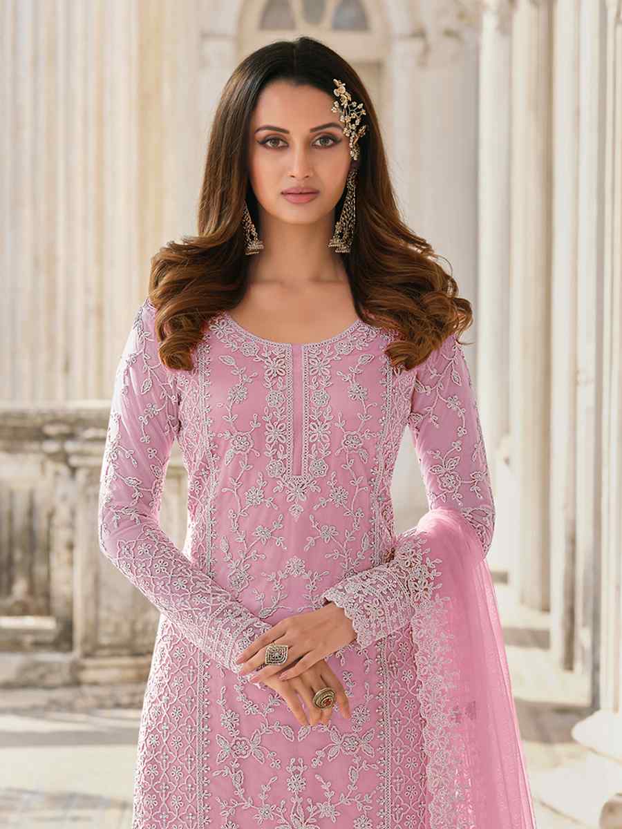 Pink Heavy Butterfly Net Embroidered Party Palazzo Pant Salwar Kameez