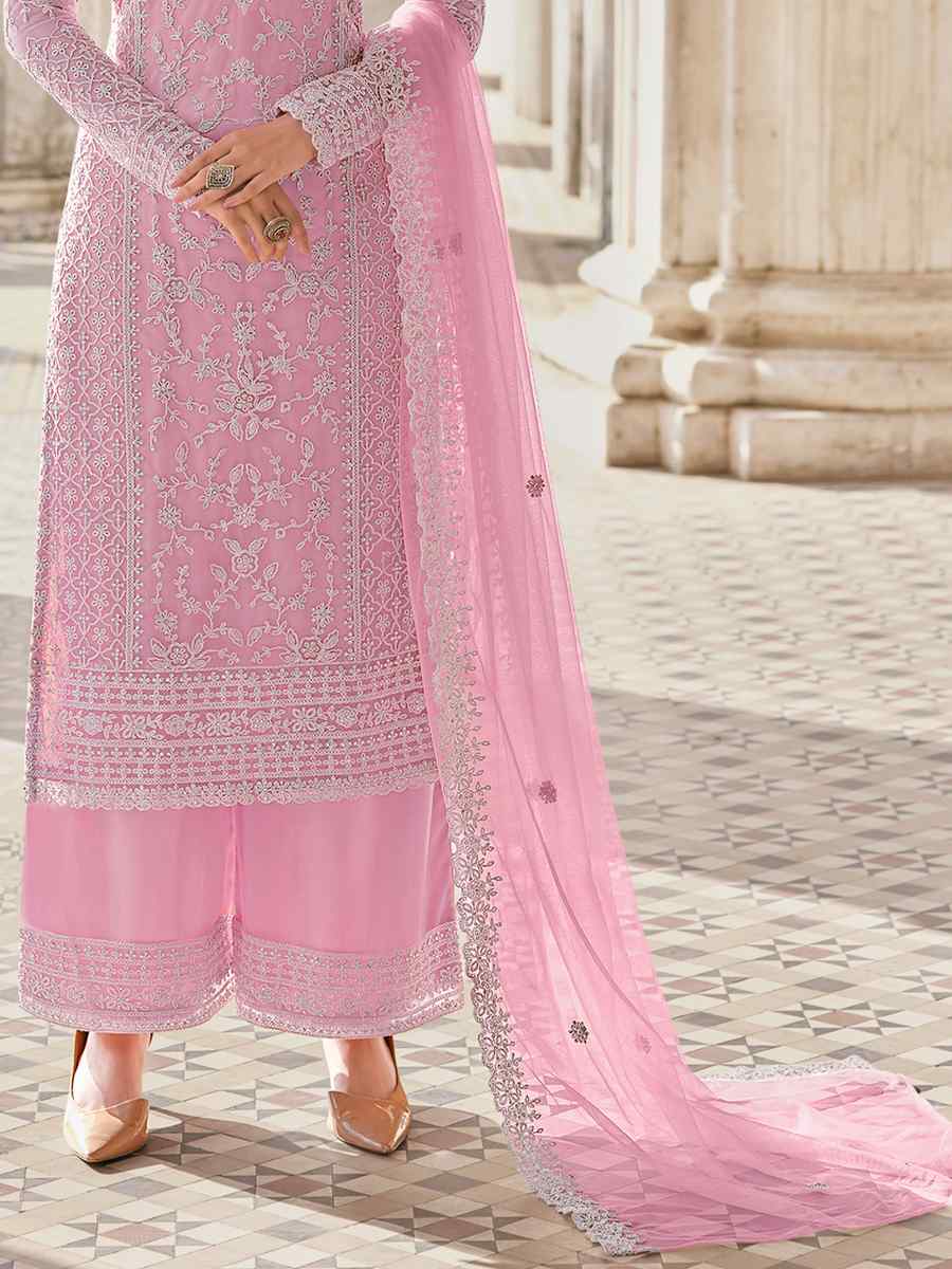 Pink Heavy Butterfly Net Embroidered Party Palazzo Pant Salwar Kameez