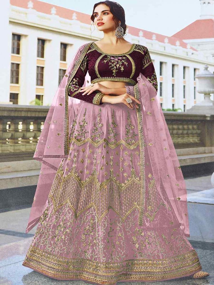 Pink Heavy Butterfly Net Embroidered Party Wear Wedding Circular Lehenga Choli