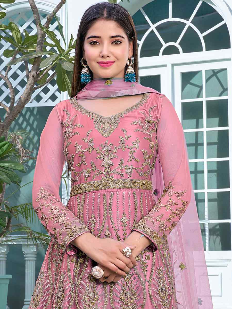 Pink Heavy Butterfly Net Embroidered Party Wedding Anarkali Salwar Kameez