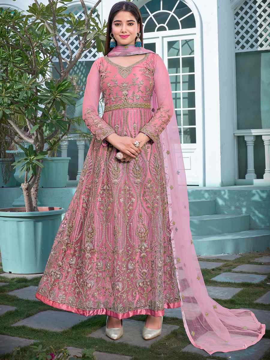 Pink Heavy Butterfly Net Embroidered Party Wedding Anarkali Salwar Kameez