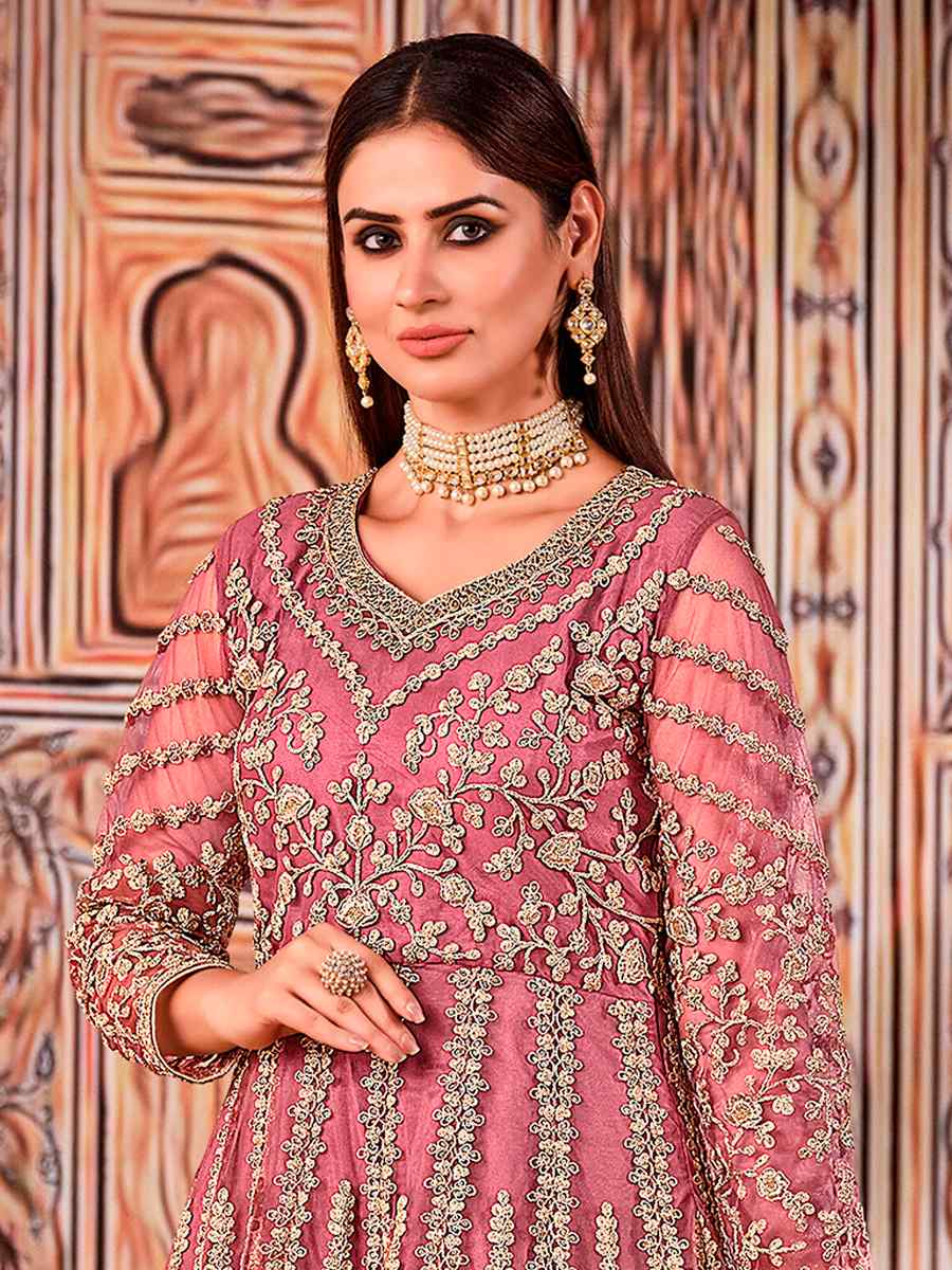 Pink Heavy Butterfly Net Embroidered Wedding Engagement Anarkali Salwar Kameez