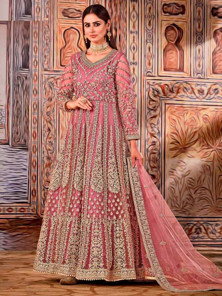Pink Heavy Butterfly Net Embroidered Wedding Engagement Anarkali Salwar Kameez