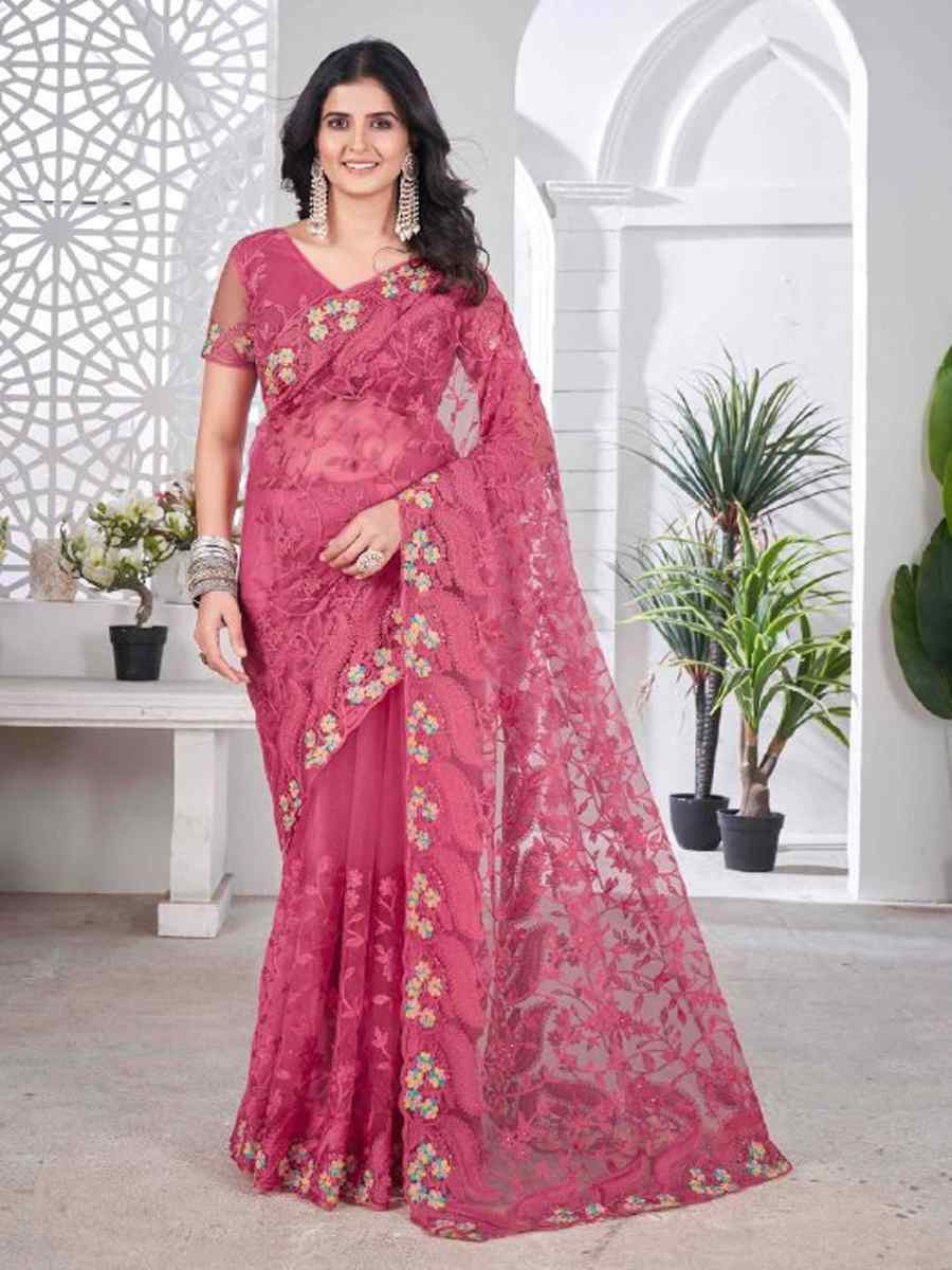 Pink Heavy Butterfly Net Embroidery Casual Traditional Reception Festival Fancy Classic Style Sarees
