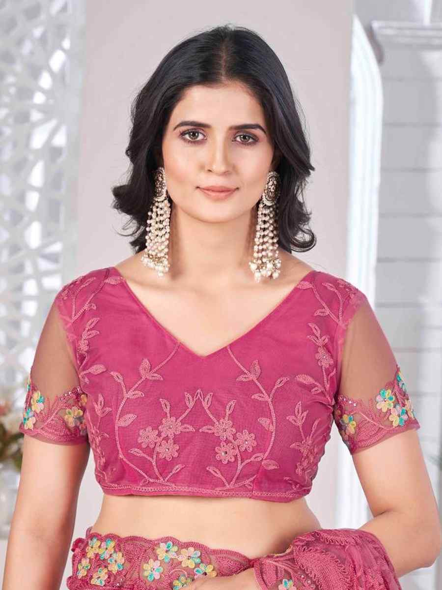 Pink Heavy Butterfly Net Embroidery Casual Traditional Reception Festival Fancy Classic Style Sarees