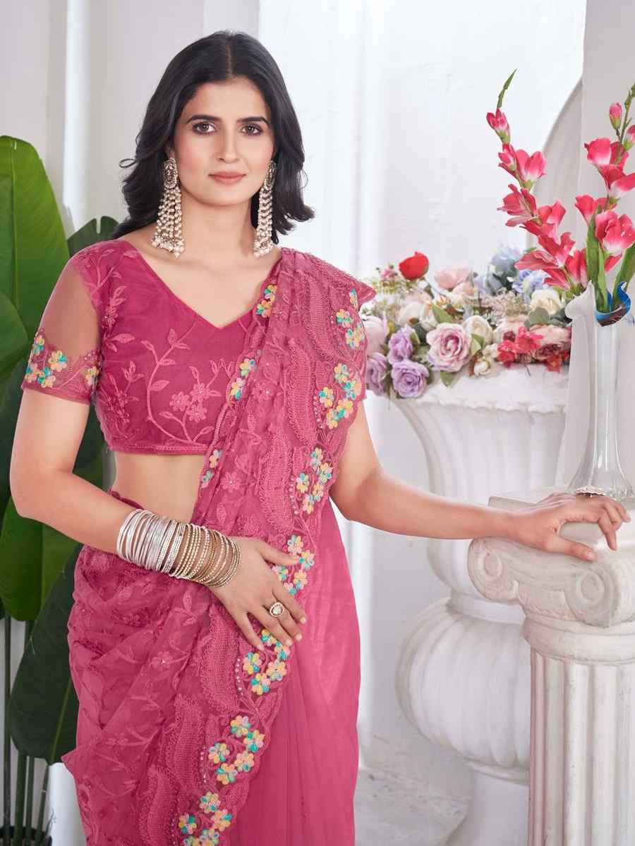 Pink Heavy Butterfly Net Embroidery Casual Traditional Reception Festival Fancy Classic Style Sarees