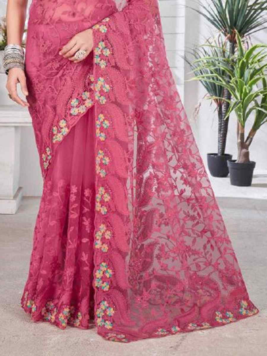 Pink Heavy Butterfly Net Embroidery Casual Traditional Reception Festival Fancy Classic Style Sarees