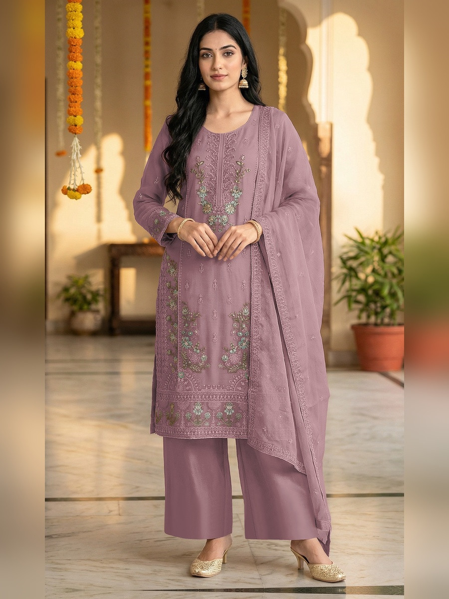 Pink Heavy Chiffon Embroidery Beads Wedding Party Festival Casual Palazzo Pant Salwar Kameez