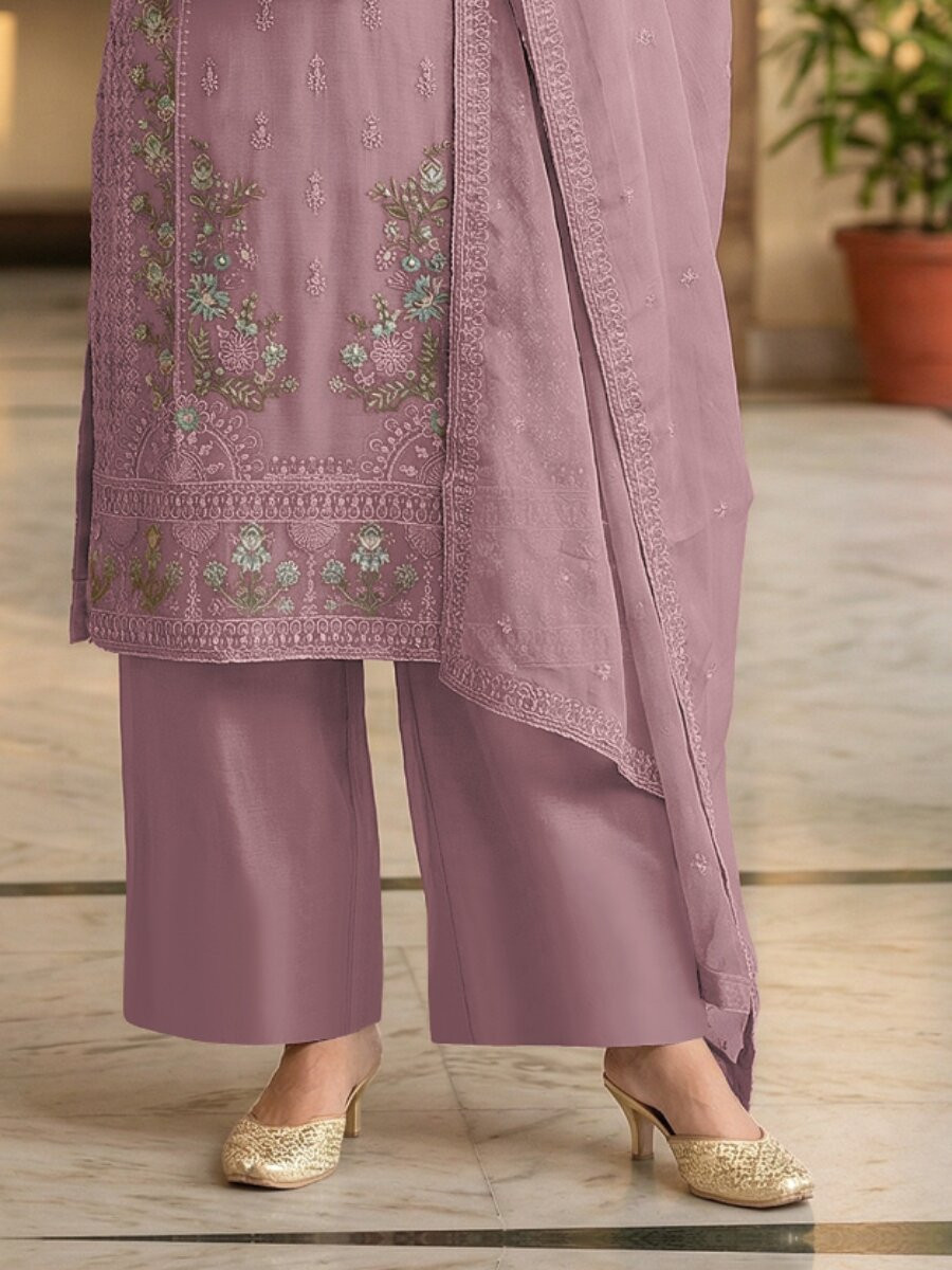 Pink Heavy Chiffon Embroidery Beads Wedding Party Festival Casual Palazzo Pant Salwar Kameez