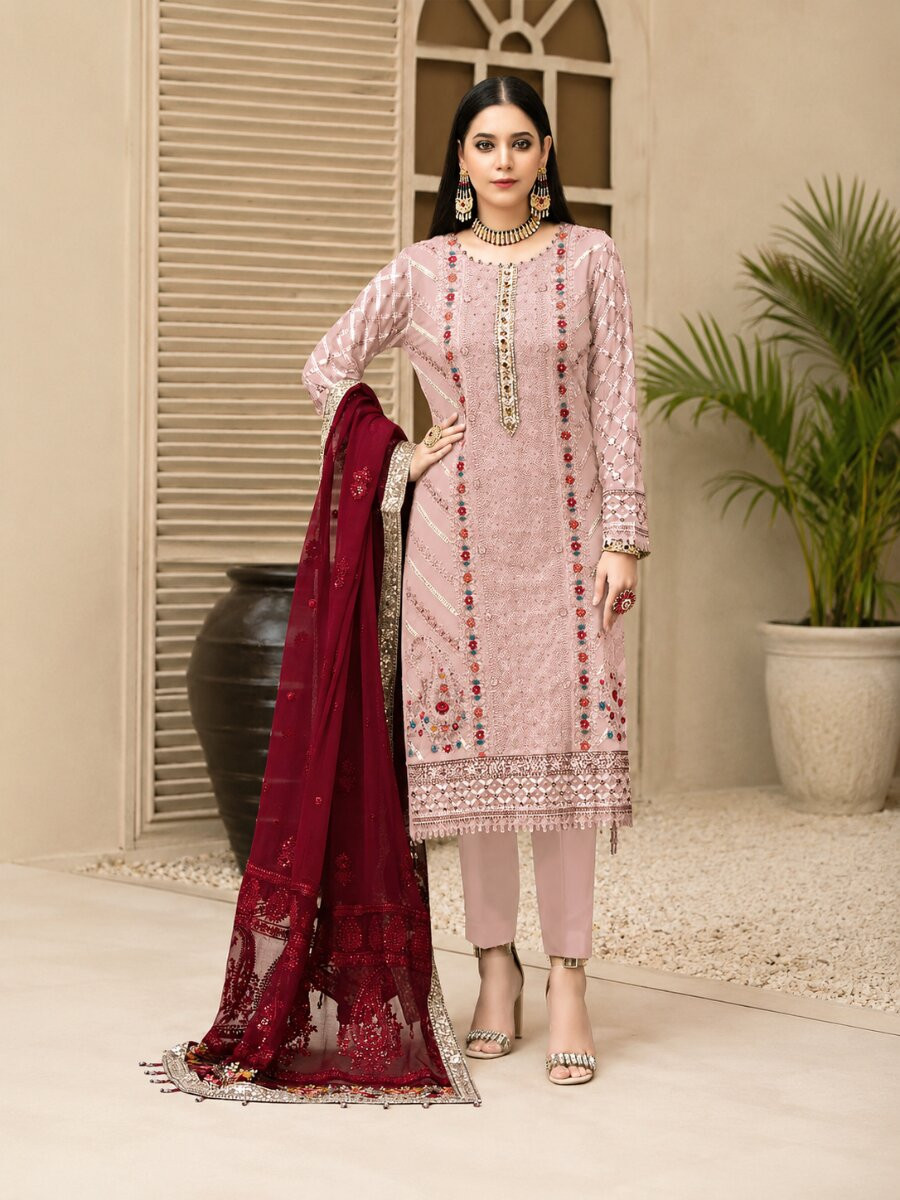 Pink Heavy Chiffon Embroidery Sequins Wedding Party Festival Casual Pant Salwar Kameez