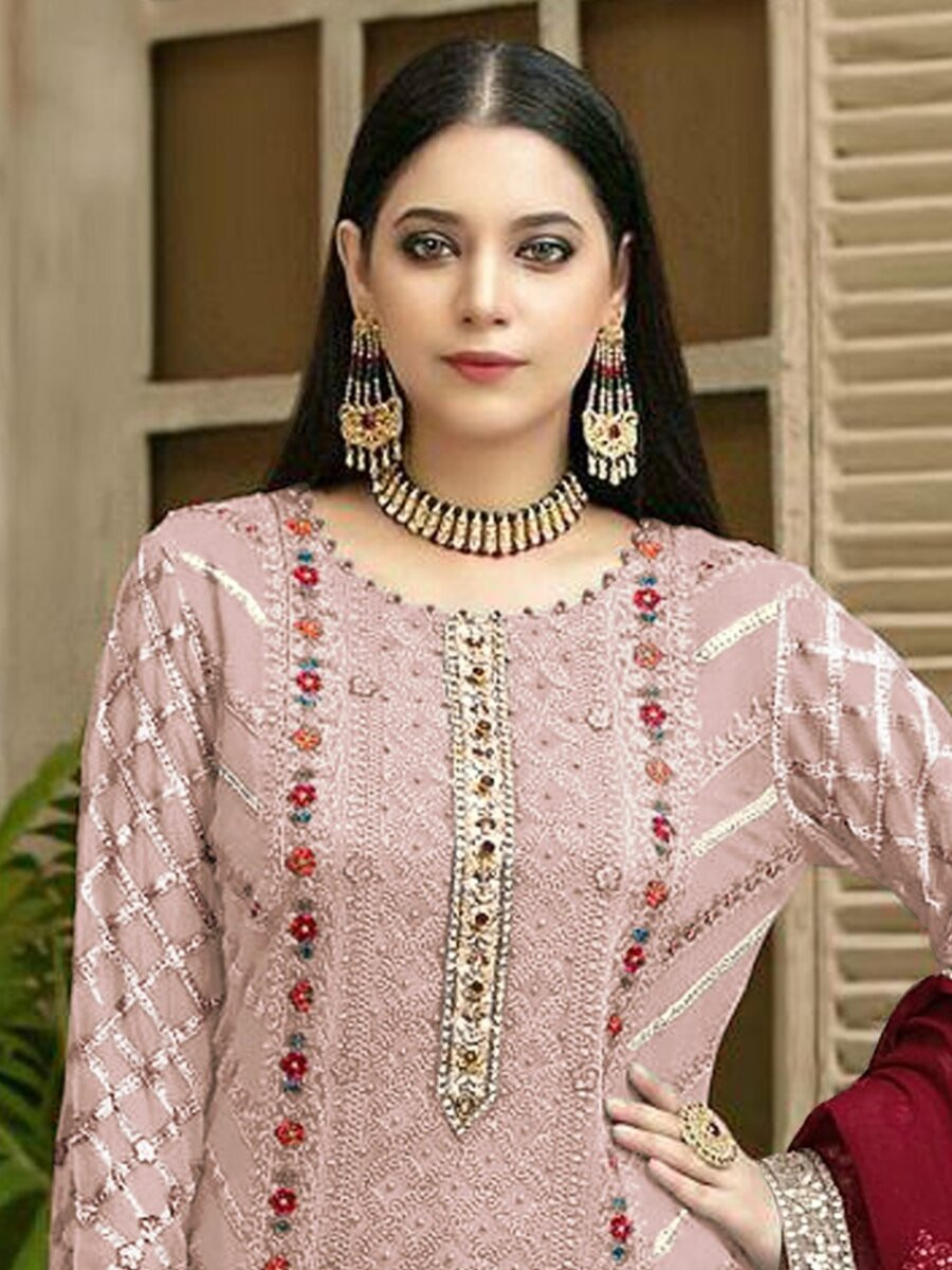 Pink Heavy Chiffon Embroidery Sequins Wedding Party Festival Casual Pant Salwar Kameez