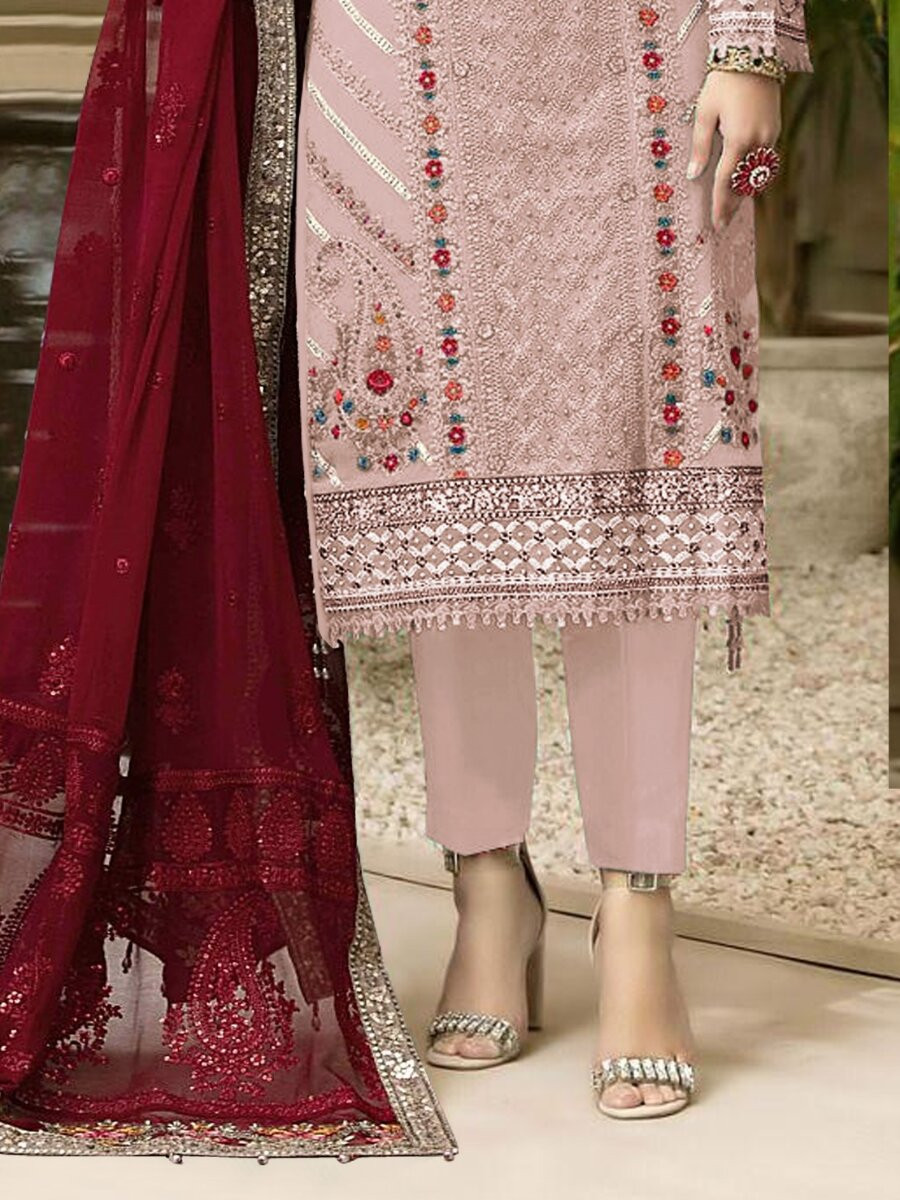 Pink Heavy Chiffon Embroidery Sequins Wedding Party Festival Casual Pant Salwar Kameez