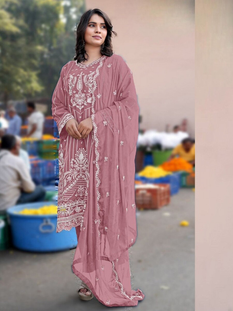 Image of Pink Heavy Chiffon Embroidery Wedding Party Festival Casual Pant Salwar Kameez