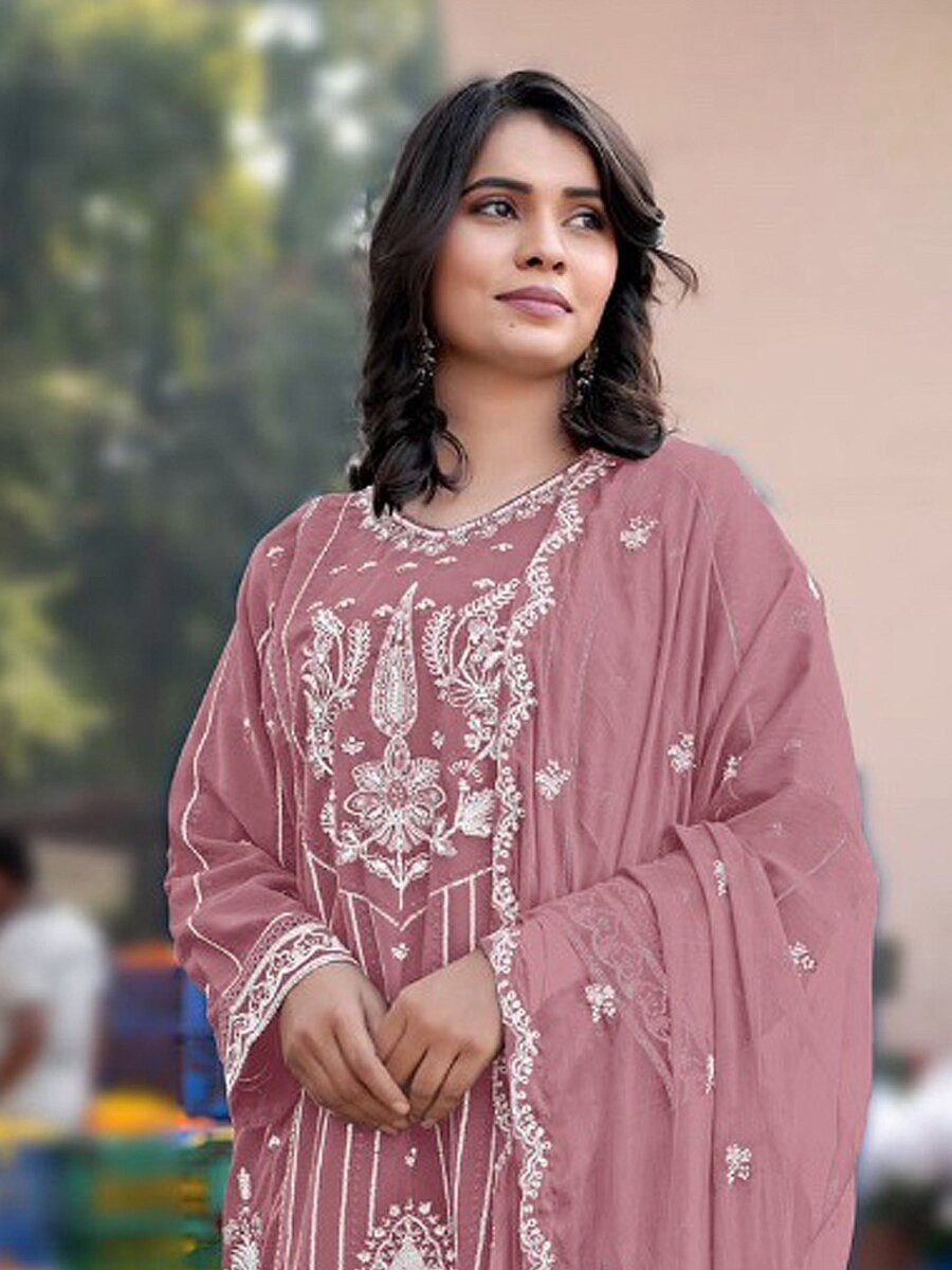 Pink Heavy Chiffon Embroidery Wedding Party Festival Casual Pant Salwar Kameez