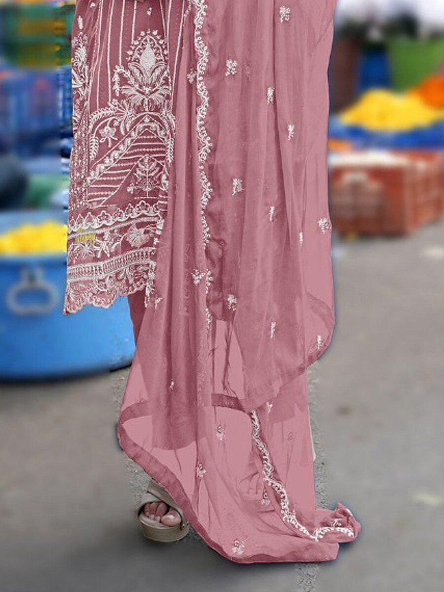 Pink Heavy Chiffon Embroidery Wedding Party Festival Casual Pant Salwar Kameez