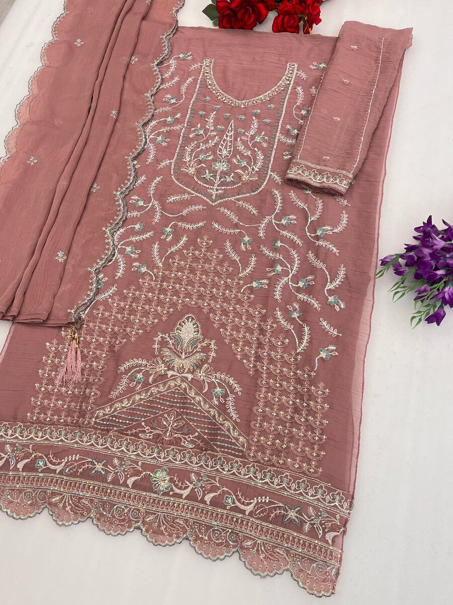 Pink Heavy Chiffon Embroidery Wedding Party Festival Casual Pant Salwar Kameez