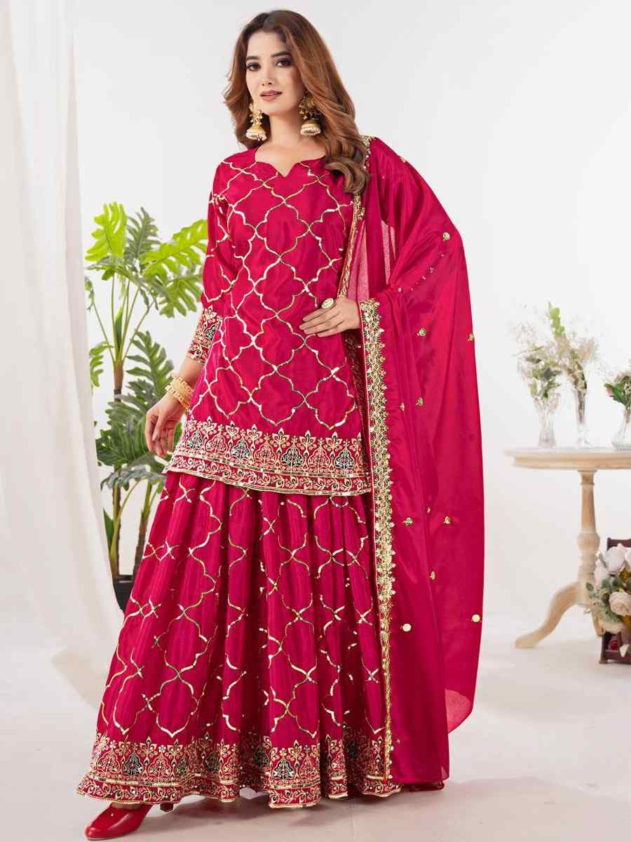 Pink Heavy Chinnon Silk Embroidery Party Wedding Festival Casual Ready Palazzo Pant Salwar Kameez