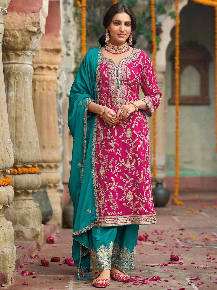 Pink Heavy Chinon Embroidered Festive Wedding Ready Palazzo Pant Salwar Kameez