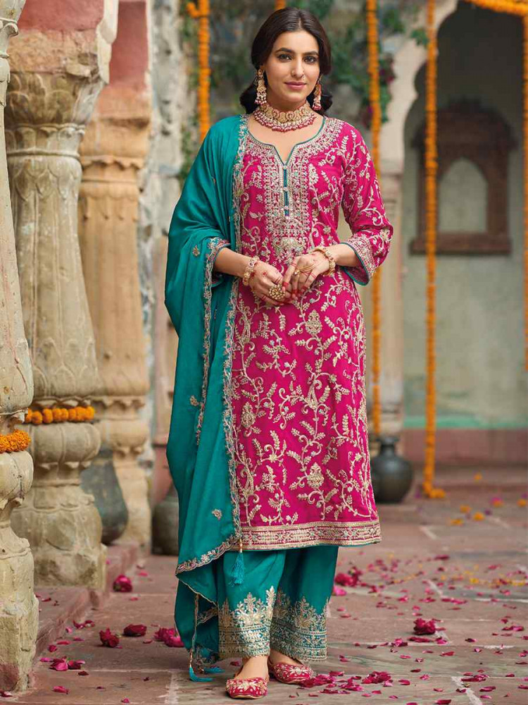 Pink Heavy Chinon Embroidered  Festive  Wedding Ready Palazzo Pant Salwar Kameez