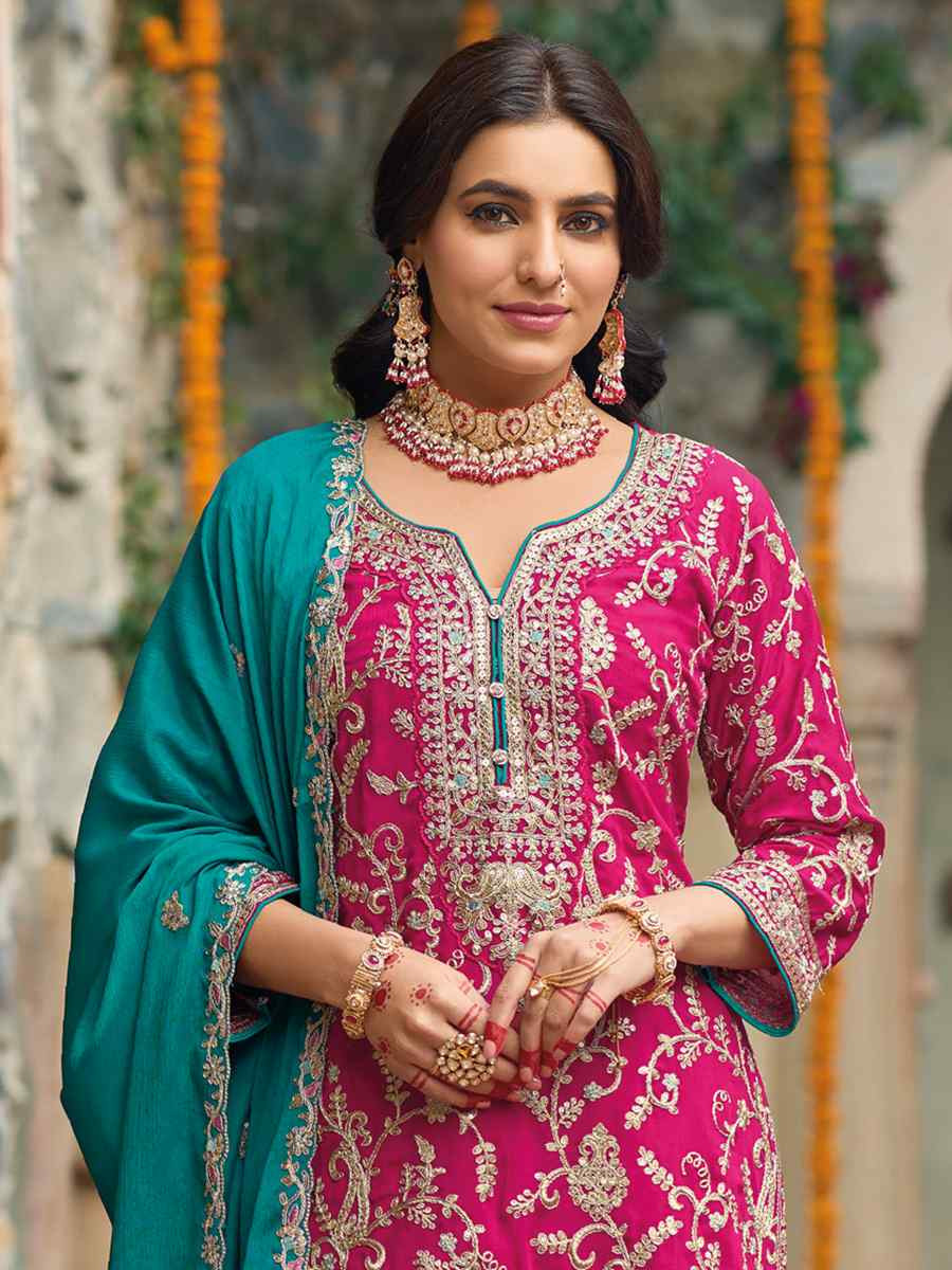 Pink Heavy Chinon Embroidered Festive Wedding Ready Palazzo Pant Salwar Kameez