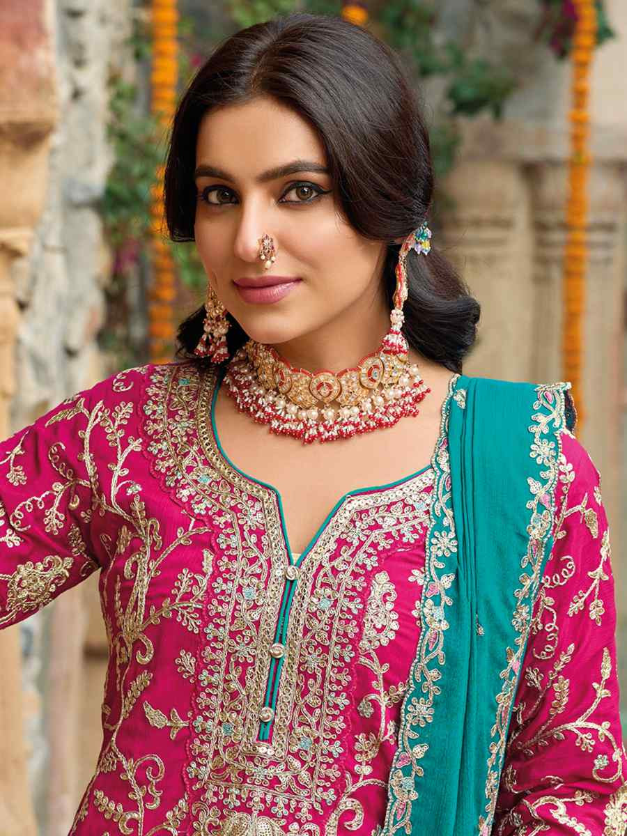 Pink Heavy Chinon Embroidered Festive Wedding Ready Palazzo Pant Salwar Kameez