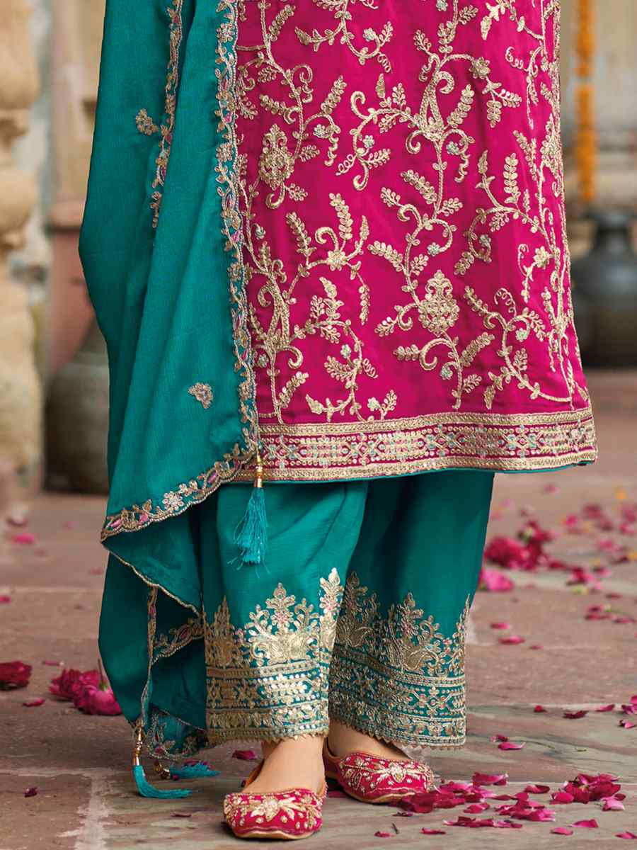 Pink Heavy Chinon Embroidered Festive Wedding Ready Palazzo Pant Salwar Kameez