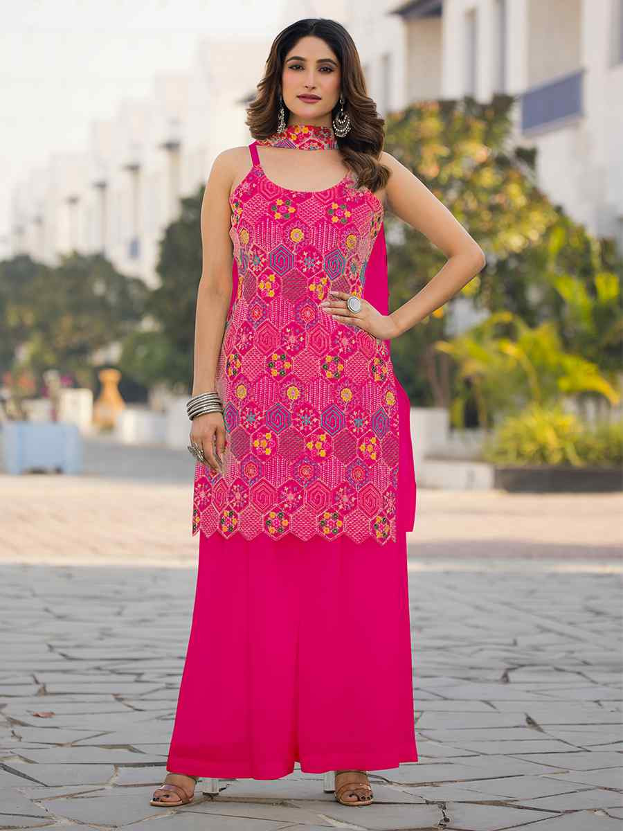 Pink Heavy Chinon Embroidered Festive Wedding Ready Palazzo Pant Salwar Kameez