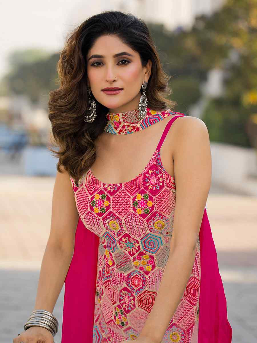 Pink Heavy Chinon Embroidered Festive Wedding Ready Palazzo Pant Salwar Kameez