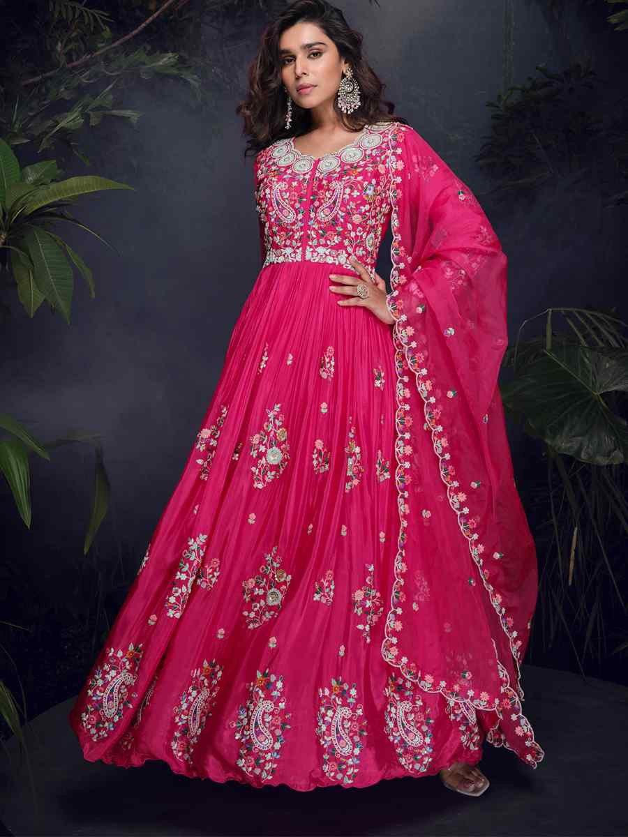 Pink Heavy Chinon Embroidered Festival Casual Gown