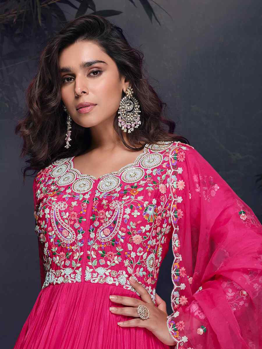 Pink Heavy Chinon Embroidered Festival Casual Gown