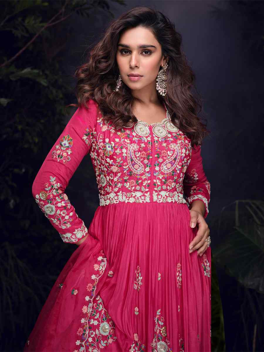 Pink Heavy Chinon Embroidered Festival Casual Gown