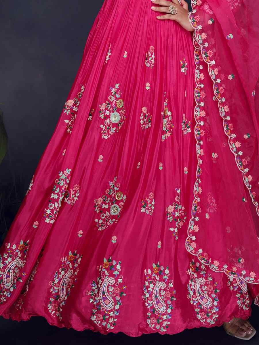 Pink Heavy Chinon Embroidered Festival Casual Gown