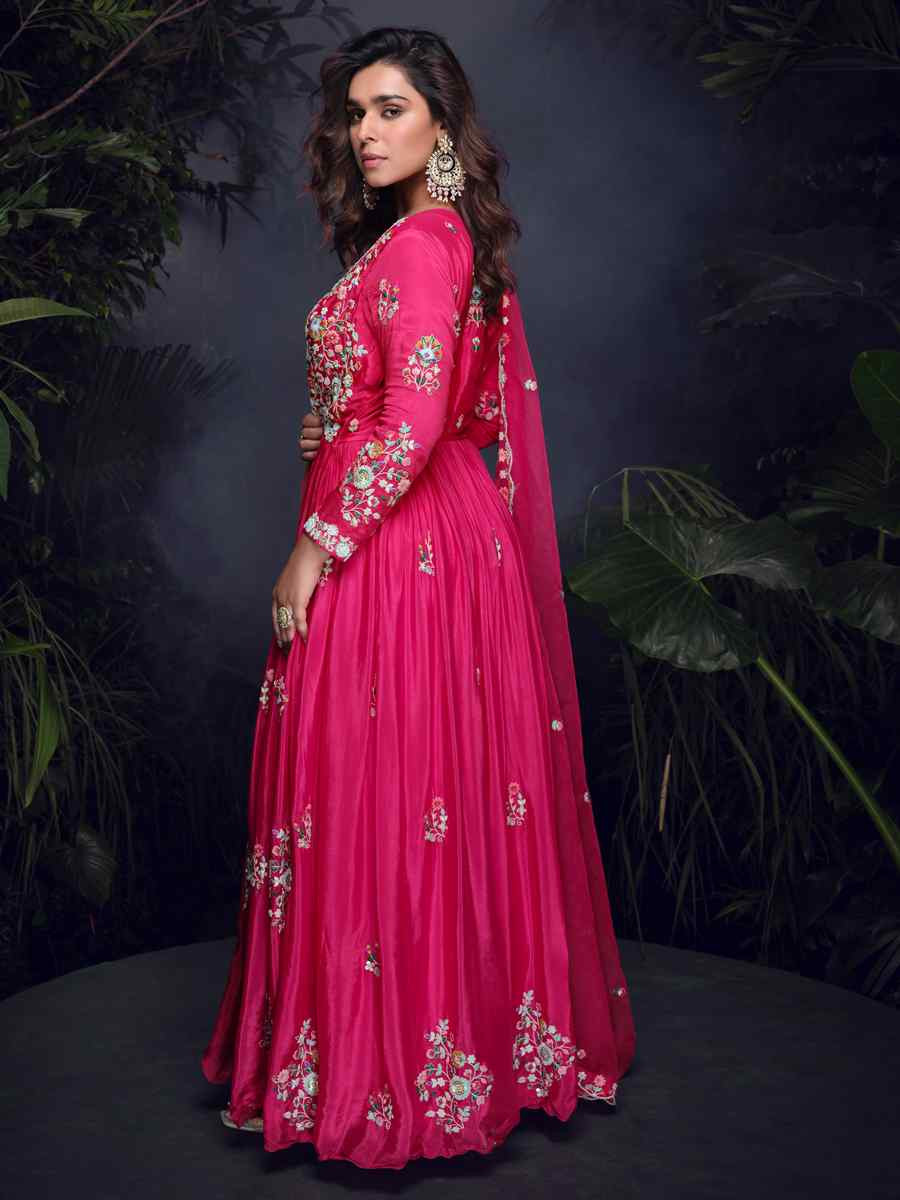 Pink Heavy Chinon Embroidered Festival Casual Gown